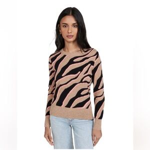 White + Warren Cashmere Crewneck Zebra Pattern Sweater - Black, Tan, and Pink